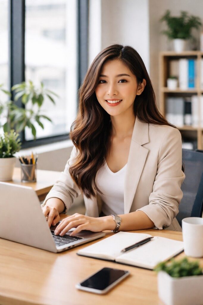 woman, female, girl, portrait, model, pose, modeling, posing, person, style, smile, brunette, company, contract, newspaper, office, ai generated